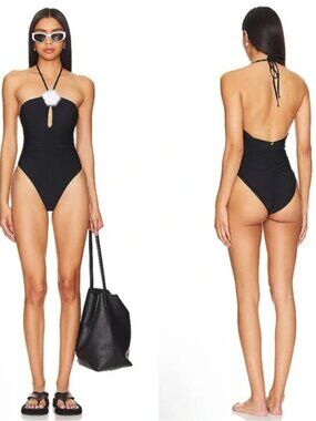 PQ Swim Midnight Rosette One Piece Swimsuit NWT Size Small Black Floral Halter